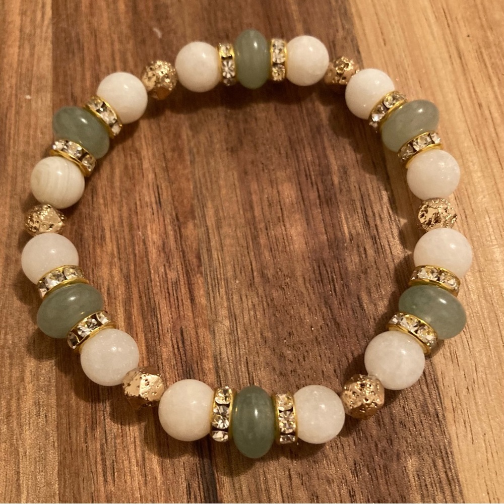 Handmade Beaded Bracelet with Quartz, Lava Stone, and Green Aventurine